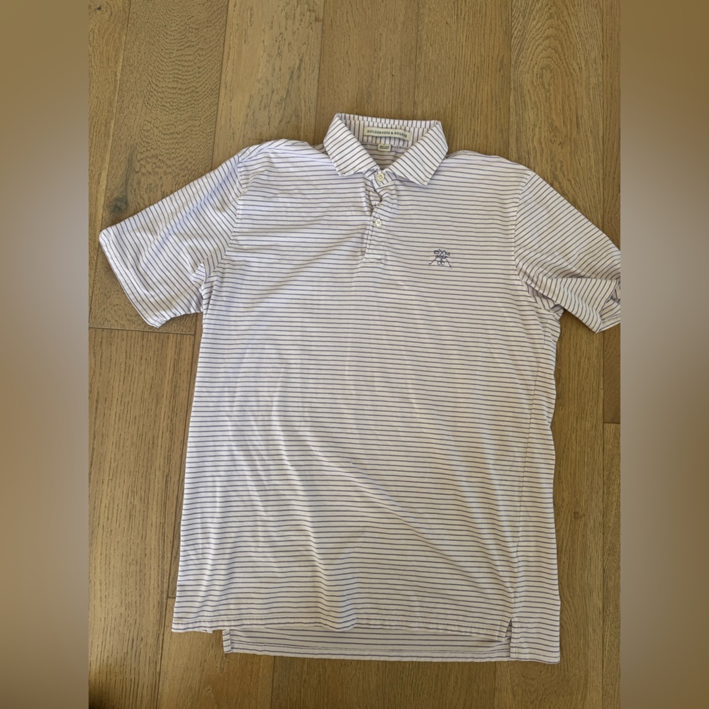 Holderness & Bourne Tailored Fit Mens Striped Polo White Purple BLUE MOUND LOGO